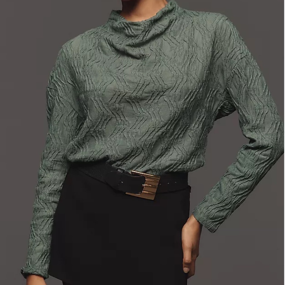 By Anthropologie Textured Funnel-Neck Top Green Textured Women's Blouse Size XS